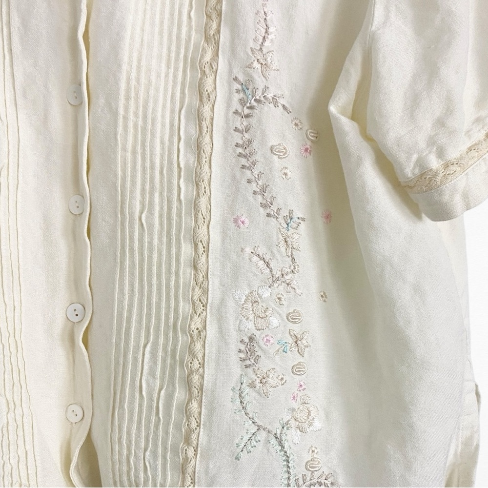 Positive Attitude | Oatmeal Embroidered Linen Blend Cropped Y2K Retro Shirt - Picture 4 of 8